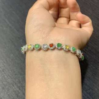 High-Icy Multicolor Natural Jadeite Cabochon Bracelet — S925 Silver · No. 5A9C