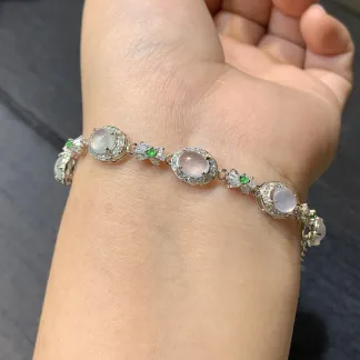 High-Icy Glowing Natural Jadeite Cabochon Bracelet — S925 Silver · No. 8D72