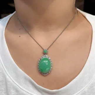 Icy Vivid Green Natural Jadeite Cabochon Pendant — S925 Silver · No. 8C73