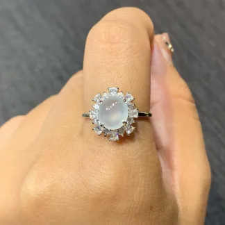 High-Icy Glowing Natural Jadeite Cabochon Ring — S925 Silver · No. A7B4