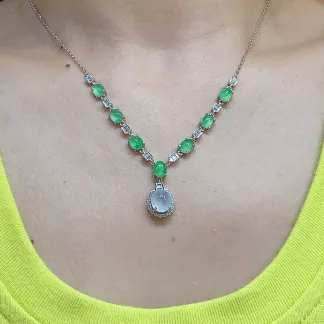 High-Icy Glowing White and Green Natural Jadeite Cabochon Necklace — S925 Silver · No. 5596
