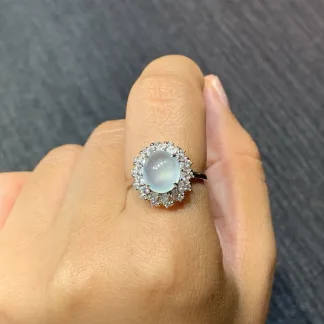 High-Icy Glowing Natural Jadeite Cabochon Ring — S925 Silver · No. 35BD