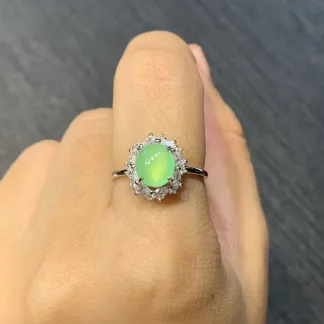 High-Icy Glowing Green Natural Jadeite Cabochon Ring — S925 Silver · No. A9A1