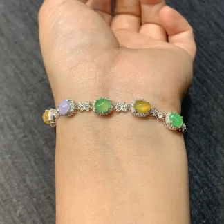 High-Icy Multicolor Natural Jadeite Cabochon Bracelet — S925 Silver · No. F32D