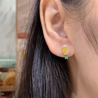 High-Icy Honey Yellow Natural Jadeite Cabochon Stud Earrings — S925 Silver · No. 1787