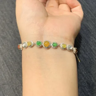 High-Icy Multicolor Natural Jadeite Cabochon Bracelet — S925 Silver · No. 3296