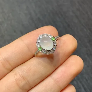 Icy Glowing Natural Jadeite Cabochon Ring — S925 Silver · No. 6656