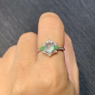 High-Icy Glowing Natural Jadeite Cabochon Ring — S925 Silver · No. C0A7