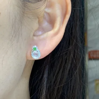 Icy Glowing Natural Jadeite Cabochon Stud Earrings — S925 Silver · No. F74B