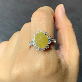 Icy Lustrous Honey Yellow Natural Jadeite Cabochon Ring — S925 Silver · No. 0A2A