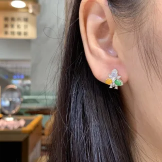 Multicolor Natural Jadeite Cabochon Stud Earrings — S925 Silver · No. 78BD