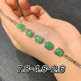Minimal-Setting Intense Vivid Green Natural Jadeite Cabochon Bracelet — S925 Silver · No. 521D