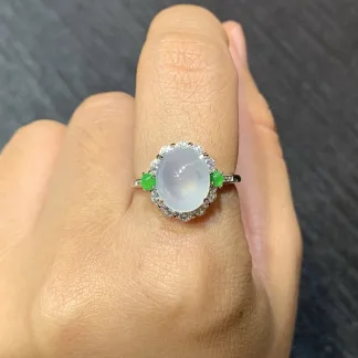 High-Icy Glowing Natural Jadeite Cabochon Ring — S925 Silver · No. F59B