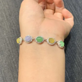 High-Icy Multicolor Natural Jadeite Cabochon Bracelet — S925 Silver · No. 27DF