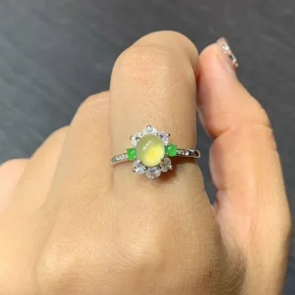 High-Icy Honey Yellow Natural Jadeite Cabochon Ring — S925 Silver · No. 0DC3