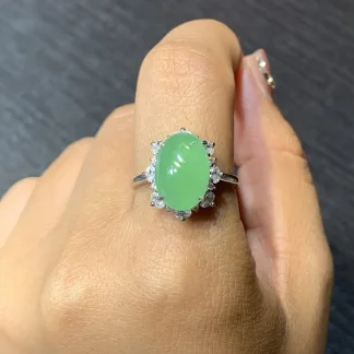 Icy Soft Vivid Green Natural Jadeite Cabochon Ring — S925 Silver · No. 456E