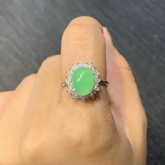 Icy Vivid Green Natural Jadeite Cabochon Ring — S925 Silver · No. EE4F
