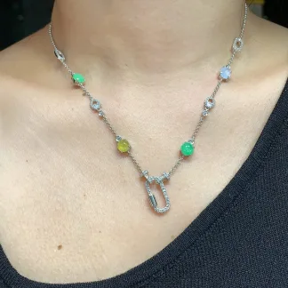 High-Icy Multicolor Natural Jadeite Convertible Cabochon Chain — S925 Silver · No. 38AA