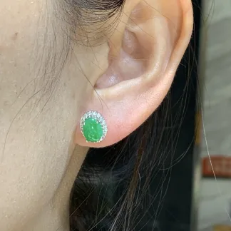 Icy Vivid Green Natural Jadeite Cabochon Stud Earrings — S925 Silver · No. D849