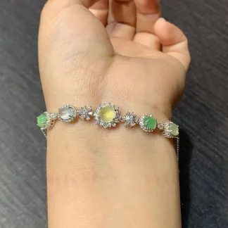 High-Icy Multicolor Natural Jadeite Cabochon Bracelet — S925 Silver · No. 15B5