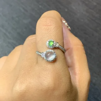 High-Icy White and Green Natural Jadeite Cabochon Ring — S925 Silver · No. 62F8