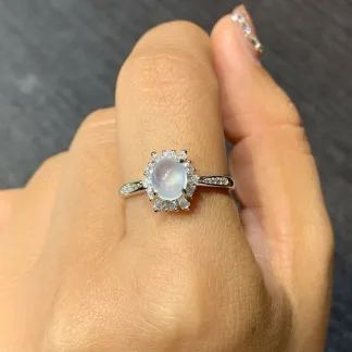 High-Icy Glowing Natural Jadeite Cabochon Ring — S925 Silver · No. F052