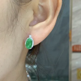 Icy Vivid Green Natural Jadeite Cabochon Stud Earrings — S925 Silver · No. 80FF