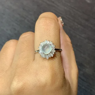 High-Icy Glowing Natural Jadeite Cabochon Ring — S925 Silver · No. 75D6
