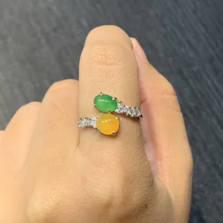 High-Icy Yellow and Green Natural Jadeite Cabochon Ring — S925 Silver · No. 5000