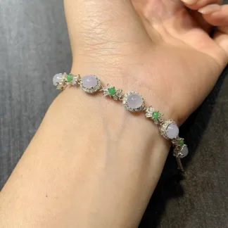 Icy Lavender Cabochon and Icy Vivid Green Natural Jadeite Cabochon Bracelet — S925 Silver · No. FB8D