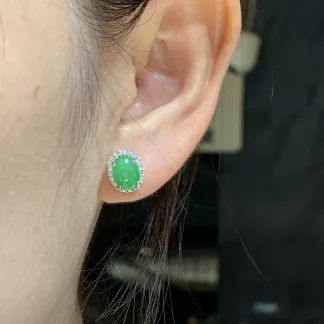 Icy Vivid Green Natural Jadeite Cabochon Stud Earrings — S925 Silver · No. A540