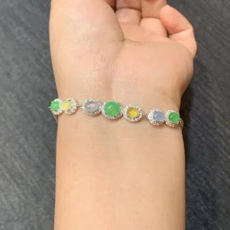 High-Icy Multicolor Natural Jadeite Cabochon Bracelet — S925 Silver · No. 394D