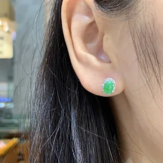 Icy Vivid Green Natural Jadeite Cabochon Stud Earrings — S925 Silver · No. 516D