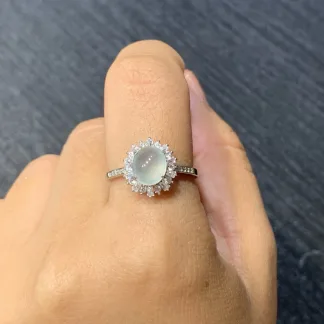 High-Icy Glowing Natural Jadeite Cabochon Ring — S925 Silver · No. 8B09