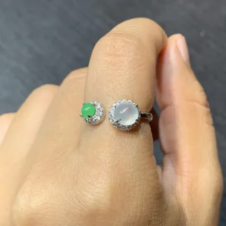 High-Icy White and Green Natural Jadeite Cabochon Ring — S925 Silver · No. 3BEF