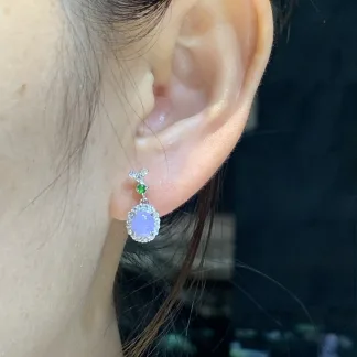 Icy Lavender Natural Jadeite Cabochon Drop Earrings — S925 Silver · No. 608F