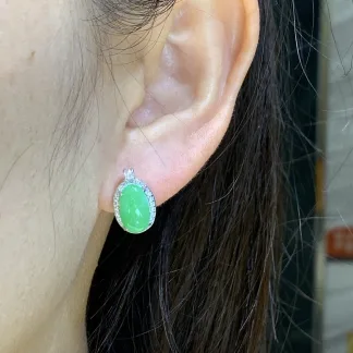 Icy Vivid Green Natural Jadeite Cabochon Stud Earrings — S925 Silver · No. B898