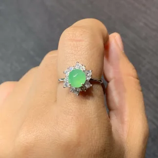 Icy Soft Vivid Green Natural Jadeite Cabochon Ring — S925 Silver · No. 11C8