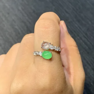 High-Icy White and Green Natural Jadeite Cabochon Ring — S925 Silver · No. DB0B
