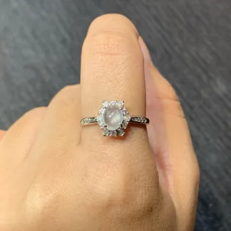 High-Icy Glowing Natural Jadeite Cabochon Ring — S925 Silver · No. 9EBA