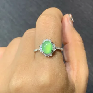 High-Icy Glowing Green Natural Jadeite Cabochon Ring — S925 Silver · No. CFAA