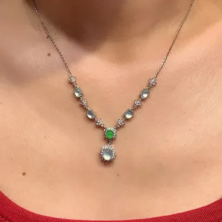 High-Icy Glowing Natural Jadeite Cabochon Necklace — S925 Silver · No. E23E