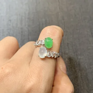 Icy Vivid Green Cabochon and High-Icy White Natural Jadeite Cabochon Ring — S925 Silver · No. EB1D