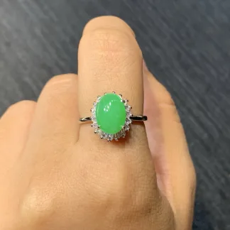High-Icy Vivid Green Natural Jadeite Cabochon Ring — S925 Silver · No. 2069
