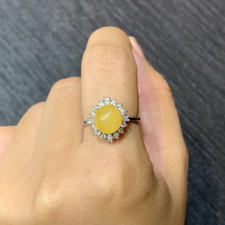 Icy Honey Yellow Natural Jadeite Cabochon Ring — S925 Silver · No. 033E
