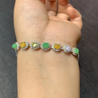 High-Icy Multicolor Natural Jadeite Cabochon Bracelet — S925 Silver · No. 5787