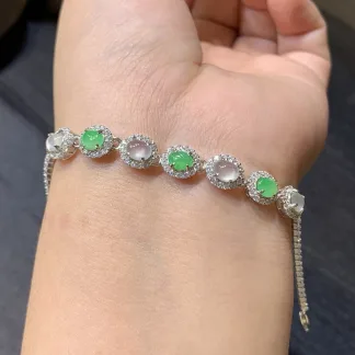 High-Icy White and Soft Green Natural Jadeite Cabochon Bracelet — S925 Silver · No. 342A