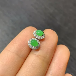 Icy Vivid Green Natural Jadeite Cabochon Stud Earrings — S925 Silver · No. 2DA2