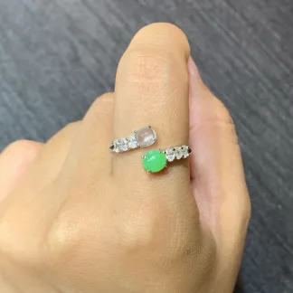 High-Icy White and Green Natural Jadeite Cabochon Ring — S925 Silver · No. AC20