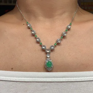High-Icy White and Green Natural Jadeite Cabochon Necklace — S925 Silver · No. 7E11